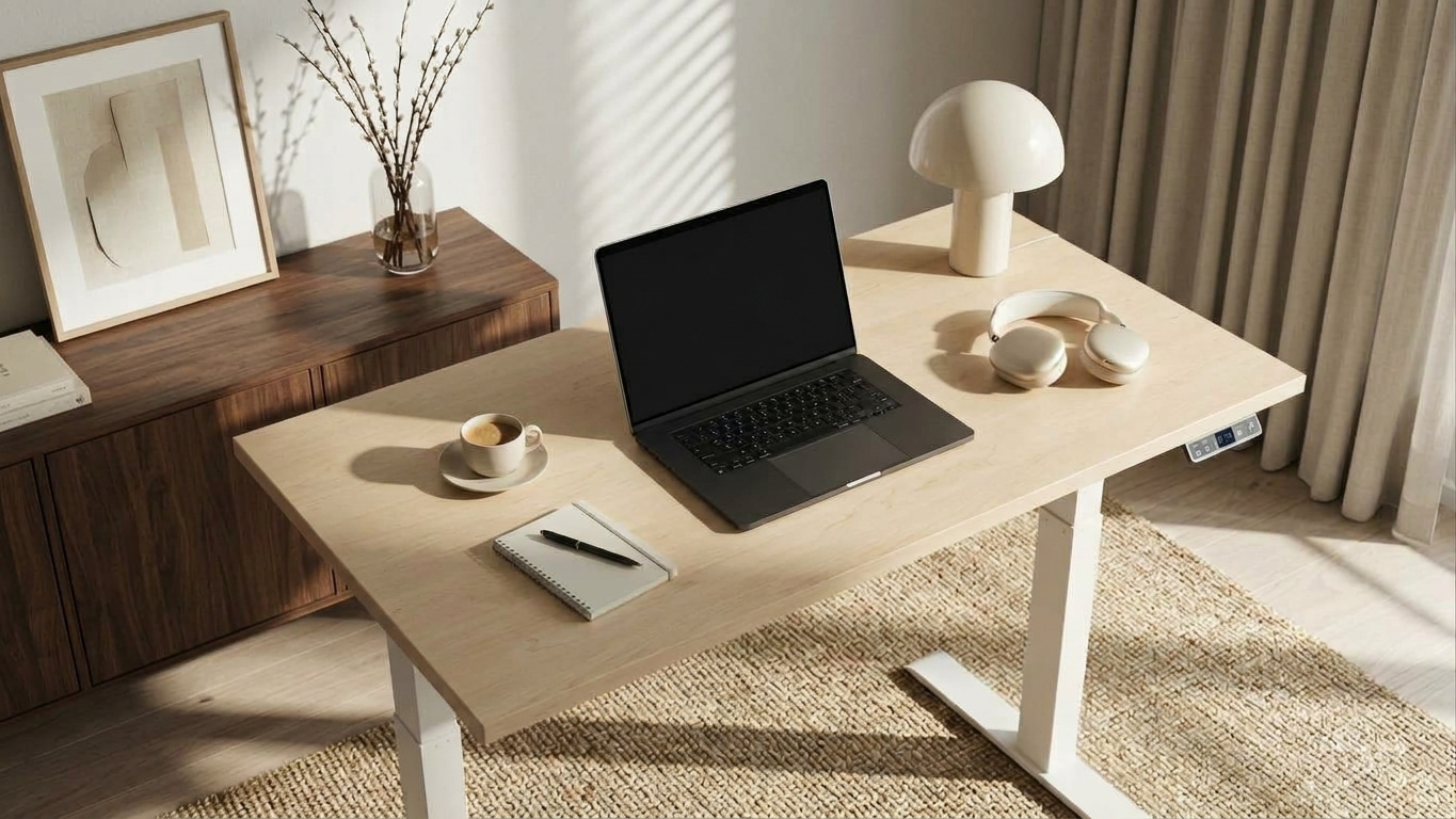 Electric standing desk arranged in a warm, sunlit workspace
