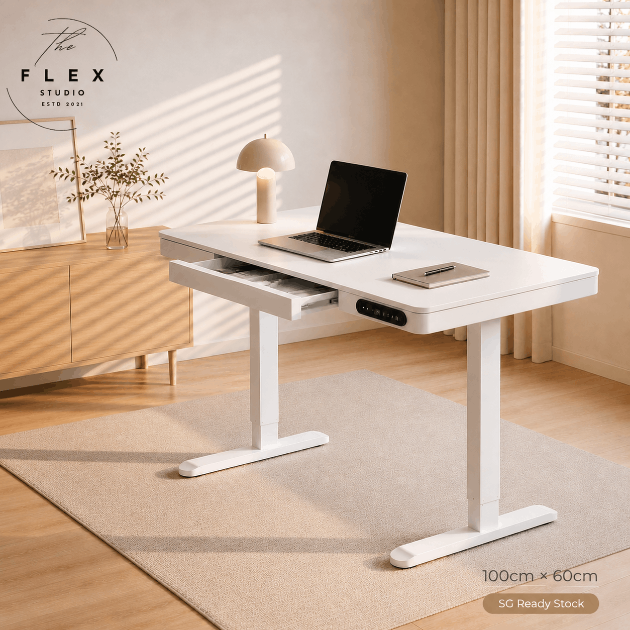 100 by 60 centimetre white electric desk with drawer